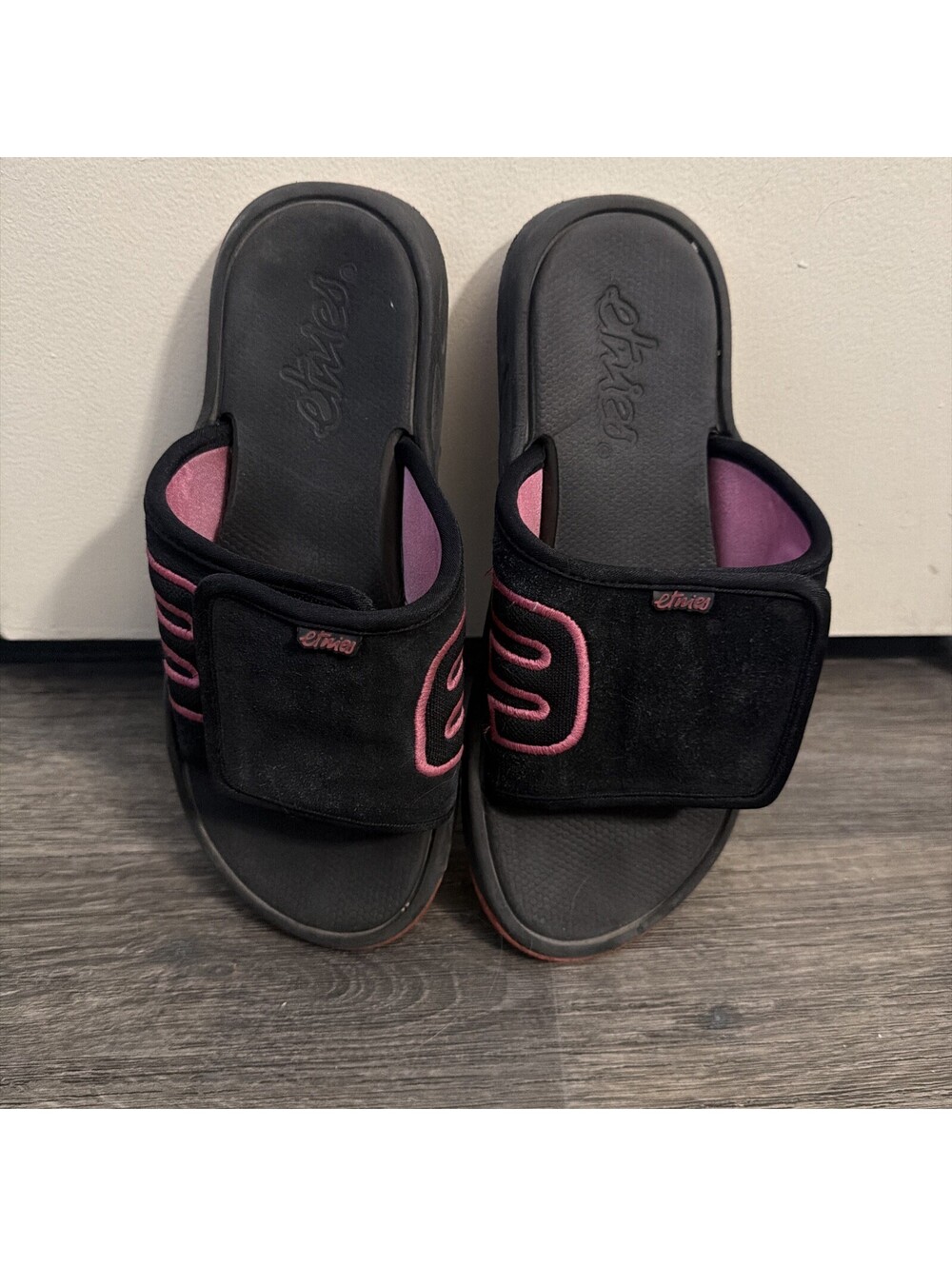 Etnies Comfort Slide Sandals Black Pink Logo Adjustable Hook Loop Women's 7